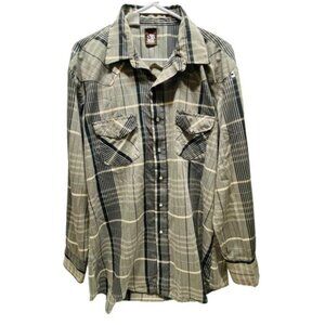 Vintage Karman Pearl Snap Shirt Men's XL Beige Black Plaid Long Sleeve‎ Top GUC